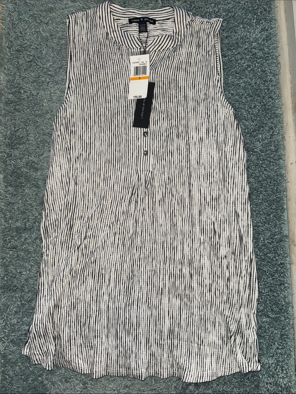 Cable & Gauge Black and White Striped Sleeveless Henley Top